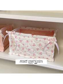 Cute Pink & Blue 3D Lace Satin Storage Basket, Desktop Organizer Basket For Small Items, Lipstick, Makeup Brushes, Skincare Products, Desktop Decor - Multicolor - View 9