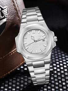 1pc Men's Silver Strap Fashionable Casual Business Bar Scale With Calendar Function Dial Quartz Watch For Daily Wear Or Holiday Gifts