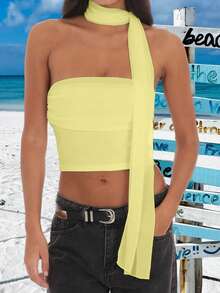 Women's Strapless Tops With Collar 2 Pcs Set Stylish Solid Mesh Slim Fit Crop Tube T-Shirt For Spring Summer - Yellow - View 3