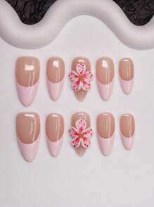 Spring/Summer Handcrafted Almond-Shaped Nail Tips In Y2K Girly Style, Available In Pink & Nude Colors With French Tips And Floral Decorative Elements, Suitable For Women And Girls, 10 Pieces/Set With 3 Size Options, Ideal For Parties, Galas And Everyday Wear, Includes Accessories Kit, Can Be Gifted To Women And Girls