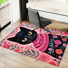 A Large Modern Minimalist-Style Rug Featuring A Pink Black Cat Pattern, Designed With Personalized Black Cat Motifs In A Contemporary And Simple Aesthetic; Retro-Inspired Style That Perfectly Complements Various Home Decor. Crafted From High-Density Materials With Anti-Slip Particles On The Underside For Enhanced Friction. Kitchen Rug