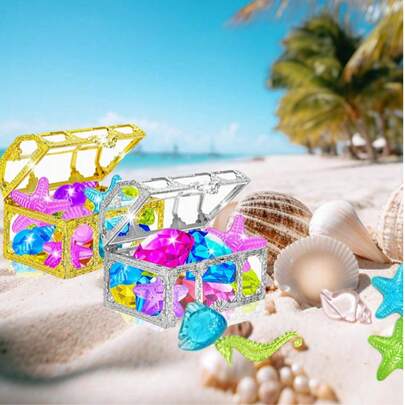 2/6/10pcs Diving Gemstone Pool Toys, Colorful Diamond Treasure Chest Swimming Gemstone Pirate Diving Toy Set, With Treasure Pirate Box, Birthday Pool Party Underwater Swimming Toys