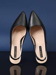 1 par de tacones altos de punta negra para adolescentes, material de PU suave, diseño elástico en la parte trasera, tacón de stiletto, sandalias de tacón alto elegantes y personalizadas de moda, aptas para uso diario, casual, viaje, oficina, nuevo lanzamiento de verano - Negro - Ver 4