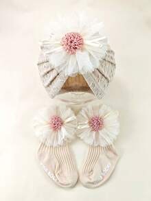 0-6个月婴儿四季花朵弹性头带帽子和袜子套装，新生儿无檐便帽礼盒，婴幼儿头饰配饰套装