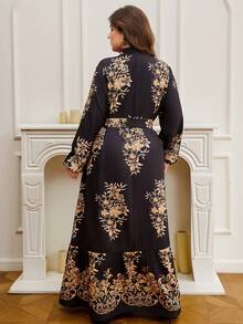 DEARCASE 大码女式V领灯笼袖优雅印花连衣裙