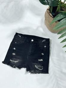 Mid-Waist Skinny Stretch Shorts - Distressed Frayed Hem, Showcasing Fashionable Style - Dark Grey - View 6