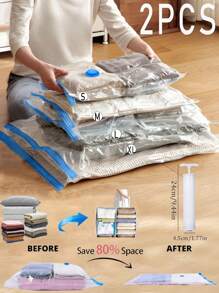 2 pièces Sacs de rangement sous vide de voyage d'été, sacs de compression économiseurs d'espace avec pompe manuelle, sacs sous vide grande capacité en PVC, sacs sous vide transparents, sacs de rangement sous vide multifonctionnels, sacs de rangement étanches, sacs de rangement résistants à l'humidité et à la moisissure, ensemble d'organisation de vêtements pour la maison, convient pour les couvertures et les couettes, rangement sous vide de vêtements, 1 pompe manuelle incluse