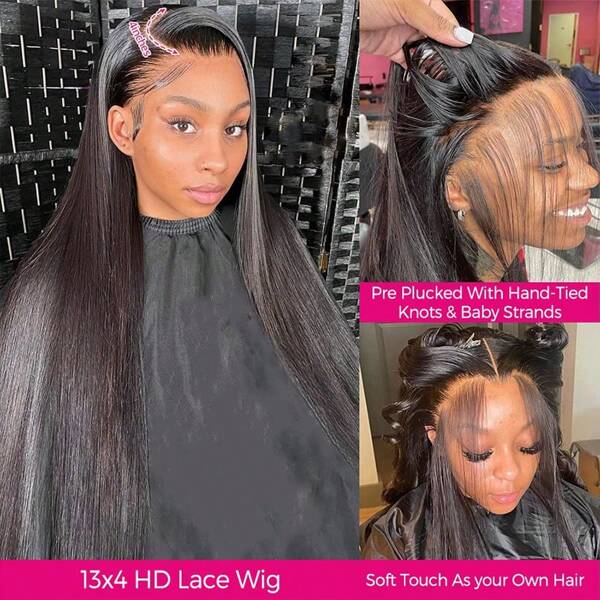 200% Density 13x4 Glueless Wig Straight HD Transparent Full Lace Front Wigs Human Hair Pre Plucked Human Hair For Women With Baby Hair Straight Lace Frontal Wigs Human Hair Natural Black
