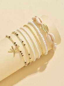 7pcs/Set Women Beach Vacation Seashell Starfish & Rice Bead Bracelets Boho Style Bangles