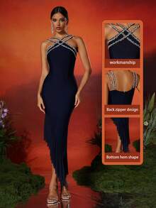 LOVE Aing Women's Fashion Luxury Handmade Rhinestone Mesh Sexy Celebrity Party Evening Gown Asymmetrical Bandage Dress, Wedding Guest Dress, Formal Dress