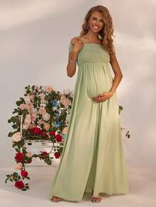 Joyfunear Schwangeren Frauen Einfarbiges Lose Maxikleid mit hoher Taille, Plissee und einem Schulterausschnitt