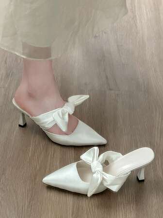 女士新款尖头布面高跟鞋，饰有优雅蝴蝶结，套脚式高跟凉鞋，时尚透气舒适米色高跟凉鞋，露跟法式穆勒鞋，猫跟鞋