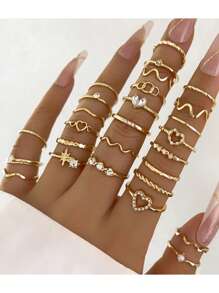 28pcs/Set Fashionable Ring Set With Heart Shaped Design, Geometric Style And Bohemian Element Accent