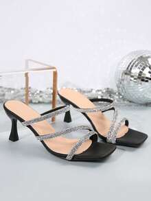 Giày sandal đế dày mũi vuông kiểu cổ tích dành cho nữ, giày cao gót nhiều quai thời trang đính pha lê Pháp, phù hợp cho hẹn hò, đi chơi, dự tiệc, tụ họp, đi làm, công sở, trang phục mùa xuân hè. - màu đen - Xem 8