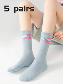 5 Pairs Unisex Mixed Color Letter Pattern Mid-Calf Socks, Streetwear Socks Suitable For Daily Wear