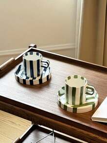 1件黑白条纹陶瓷杯碟套装，极简经典法式条纹陶瓷咖啡杯碟套装，适用于咖啡厅、厨房、下午茶、摄影、生日礼物 - 彩色 - 查看 5