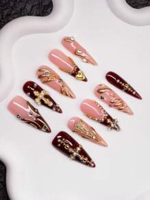 Handmade Almond-Shaped Y2K Style Nails, Spring/Summer, Nude & Brown Color With French Tips, Cross, Star, Irregular Liquid Metal Elements Design, Pure Handmade Nails Suitable For Women & Girls, 10 Pcs/Set 3 Sizes, Fit For Party, Wedding, Daily Wear, Includes Tools, Great Gift For Ladies