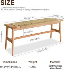 Banco de entrada OOKSEN, banco de comedor de madera sólida de 80 cm, bancos de final de cama de madera, bancos modernos de mediados de siglo para dormitorio, taburete con cuerda tejida a mano para cocina, sala de estar, pasillo, regreso a la escuela, dormitorio y almacenamiento - 31.5 - Ver 2