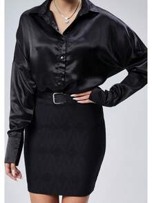 Women's White Solid Satin Button-Up Long Sleeve Shirt - Black - View 4