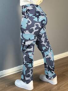 Women's Casual Camouflage Print Straight-Leg Cargo Pants - Teal Blue - View 3