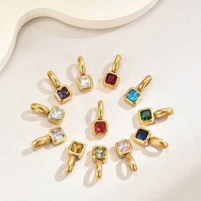 1 Pc Stainless Steel Colored 12Birthstone Pendant Diy Accessories Necklace Female Twelve Birthstone Cube Colored Zirconia Pendant