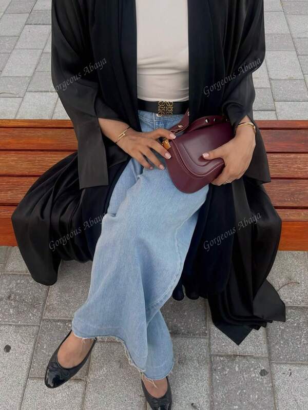 1pc Elegant Satin Plain Color Middle Eastern Ladies' Long Dress, Cardigan Style Robe/Abaya, Suitable For Daily Wear & Festivals