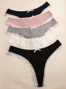 Paquete de 5 bragas tipo G con ribete de encaje y moño sexy, de colores múltiples, para mujeres