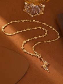 1pc Vintage Luxury Women's Rose Cross Pendant Necklace With Inlaid Colorful Cubic Zirconia, High-End Jewelry, Wedding Anniversary Gift, Suitable For Formal Events, Comes In Velvet Pouch Packaging - Gold - View 8