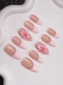 Spring/Summer Handcrafted Almond-Shaped Nail Tips In Y2K Girly Style, Available In Pink & Nude Colors With French Tips And Floral Decorative Elements, Suitable For Women And Girls, 10 Pieces/Set With 3 Size Options, Ideal For Parties, Galas And Everyday Wear, Includes Accessories Kit, Can Be Gifted To Women And Girls