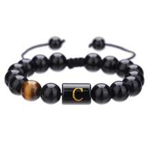 1pc Natural Black Agate 26 Letter Beaded Adjustable Braided Bracelet, Suitable For Various Occasions Like Festivals, Sports, Casual, Business Wear