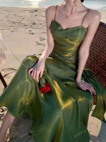 Vestido de fiesta de graduación con cintura estrecha perlada para mujer, con tirantes de espagueti, volantes, vestido de dama de honor para boda, vestido formal para fiesta y cóctel