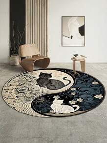 1pc Tai Chi Style Carpet, Black Cat And White Cat Pattern Large Carpet, Circular Floor Mat, Patterned Carpet, Area Carpet, Anti Slip Mat, Living Room Carpet, Bedroom Carpet, Entrance Carpet