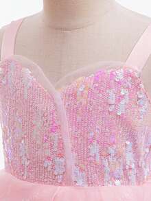 粉色女巫公主嘉年华服装，闪亮亮片薄纱连衣裙，配皇冠和魔杖配饰，万圣节派对服装 - 粉 - 查看 6