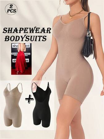 2pcs Seamless High-Waist Mid-Length Shapewear Jumpsuit, With Butt-Lifting Design & Open Back
