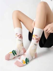 5 Pairs Mixed Color Art Illustration Cartoon Figure & Animal Pattern Fashionable Mid-Calf Socks, Great Gift For Family And Friends