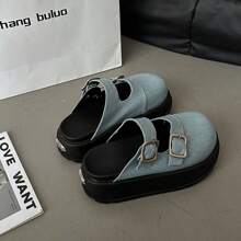Sandali neri slip-on in stile francese con suola spessa per le donne in primavera e in estate