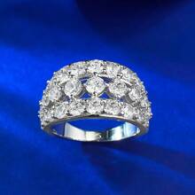 SHE IN Cubic Zirconia Three Row Eternity Ring For Women Round Cut CZ Sterling Silver Wide Wedding Bands Rings For Her