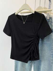 夏季新品简约不对称抽绳短袖T恤休闲上衣