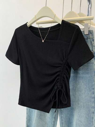 夏季新品简约不对称抽绳短袖T恤休闲上衣