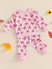 Toddler Girls 2PCS Fall Sets Long Sleeve O Neck Bow Print Tops Drawstring Pants Set - Pink - View 4