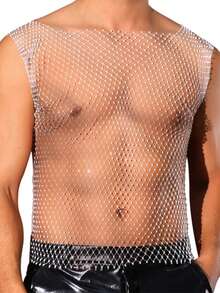 男士波西米亚风格露肩 T 恤背心，饰有闪亮水钻装饰，弹力钻石网眼面料，镂空针织材质，修身无袖设计，适合舞台表演、迪斯科、酒吧、俱乐部、派对