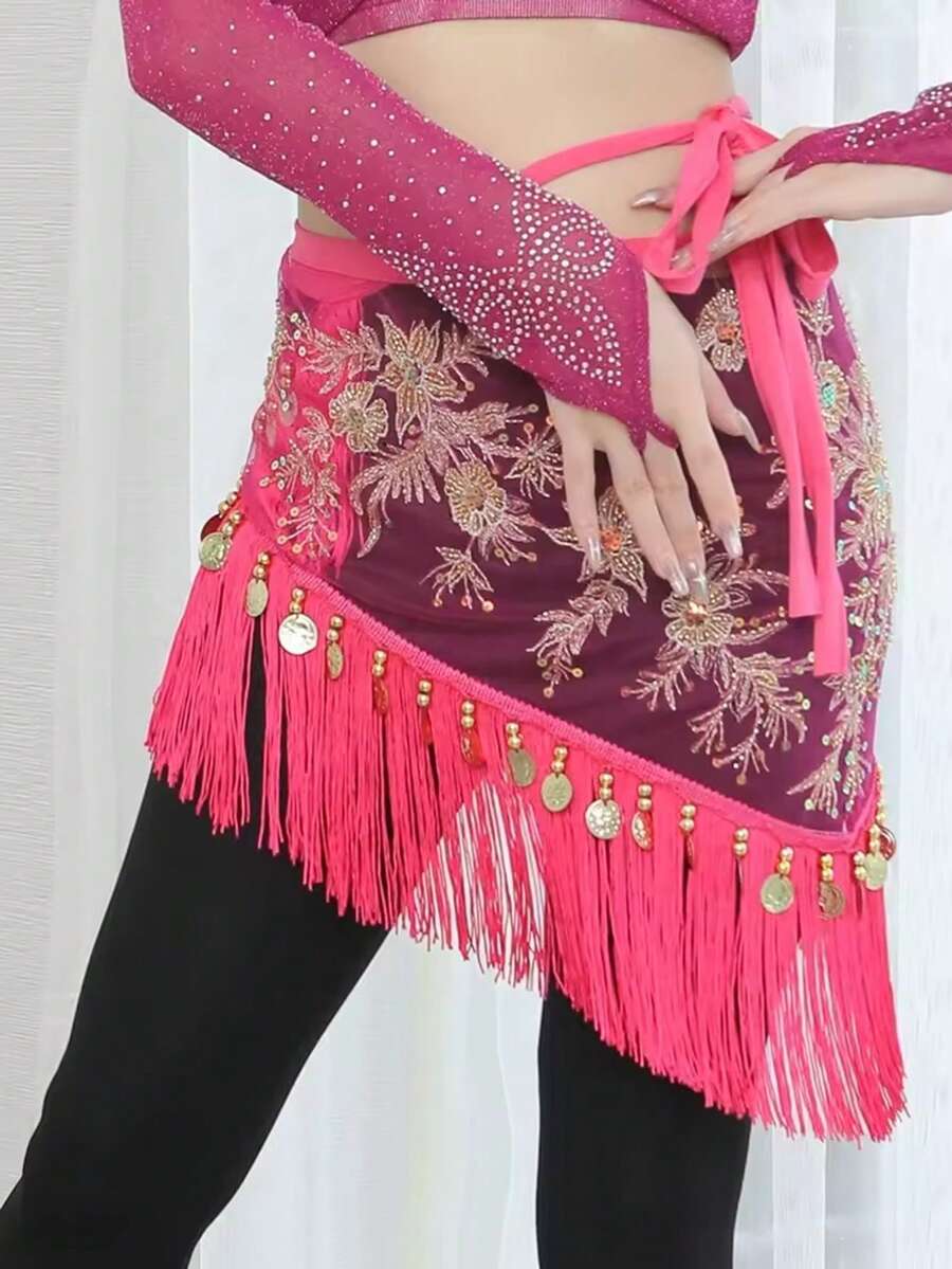 Cinturón de baile del vientre estilo árabe: Faja de cadera con bordados y flecos dorados, adornada con adornos con lentejuelas para actuaciones y fiestas de carnaval - Multicolor - Ver 1