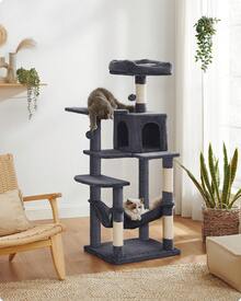 Rascador para Gatos, Árbol para Gatos, Altura 112cm, Torre de Gatos, con 4 Postes Rascadores, 2 Plataformas, 1 Cueva, 1 Hamaca, 2 Pompones, Tela de Felpa, Multinivel, Gris Ahumado - Gris Oscuro - Ver 1
