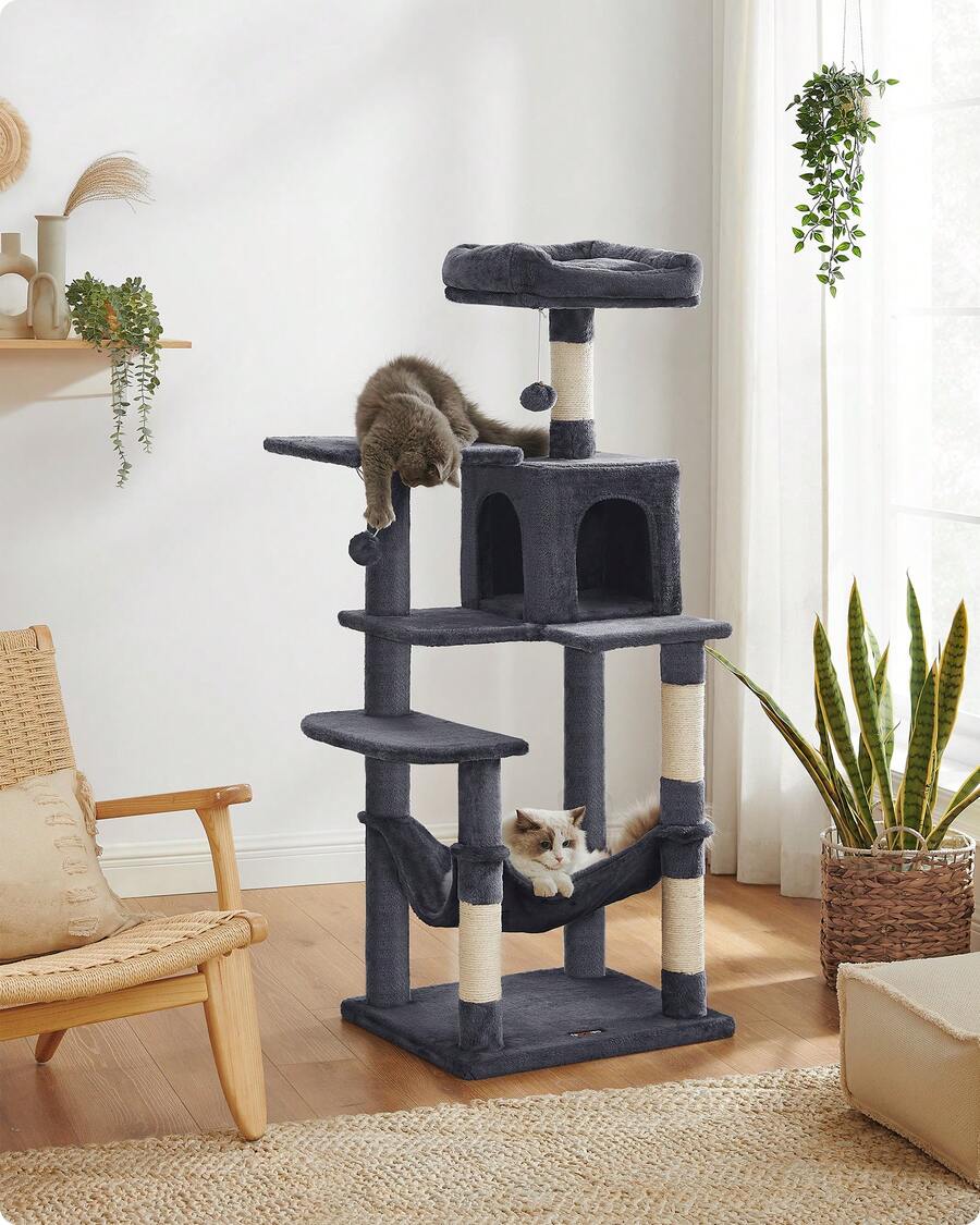 Rascador para Gatos, Árbol para Gatos, Altura 112cm, Torre de Gatos, con 4 Postes Rascadores, 2 Plataformas, 1 Cueva, 1 Hamaca, 2 Pompones, Tela de Felpa, Multinivel, Gris Ahumado - Gris Oscuro - Ver 1