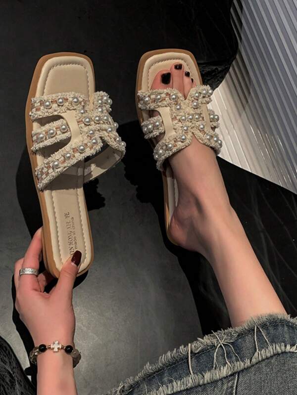 Women's French Style Flat Slippers For Outdoor, Soft-Sole Versatile Pearl Beach Sandals, Summer