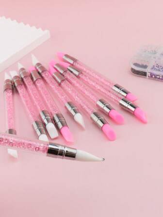 5件套粉色水钻美甲套装 - 双头硅胶笔，适用于3D花朵雕刻、点画和造型 | DIY美甲工具