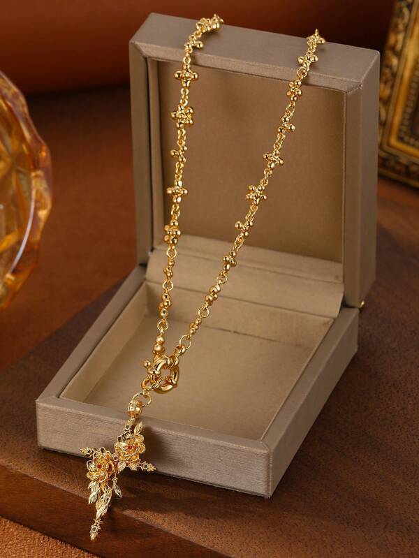 Colar vintage luxuoso com pingente de cruz de rosa para mulheres, 1 peça, com zircônia cúbica colorida incrustada, joia de alta qualidade, presente de aniversário de casamento, adequado para eventos formais, vem em embalagem de veludo