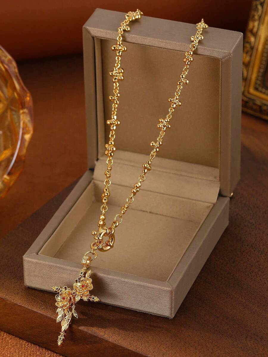 1pc Vintage Luxury Women's Rose Cross Pendant Necklace With Inlaid Colorful Cubic Zirconia, High-End Jewelry, Wedding Anniversary Gift, Suitable For Formal Events, Comes In Velvet Pouch Packaging - Gold - View 1