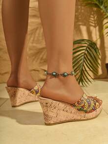 Bohemian Style Fashion Thick Platform High Heel Printed Open Toe Strap Wedge Sandals, Summer - Color - View 3