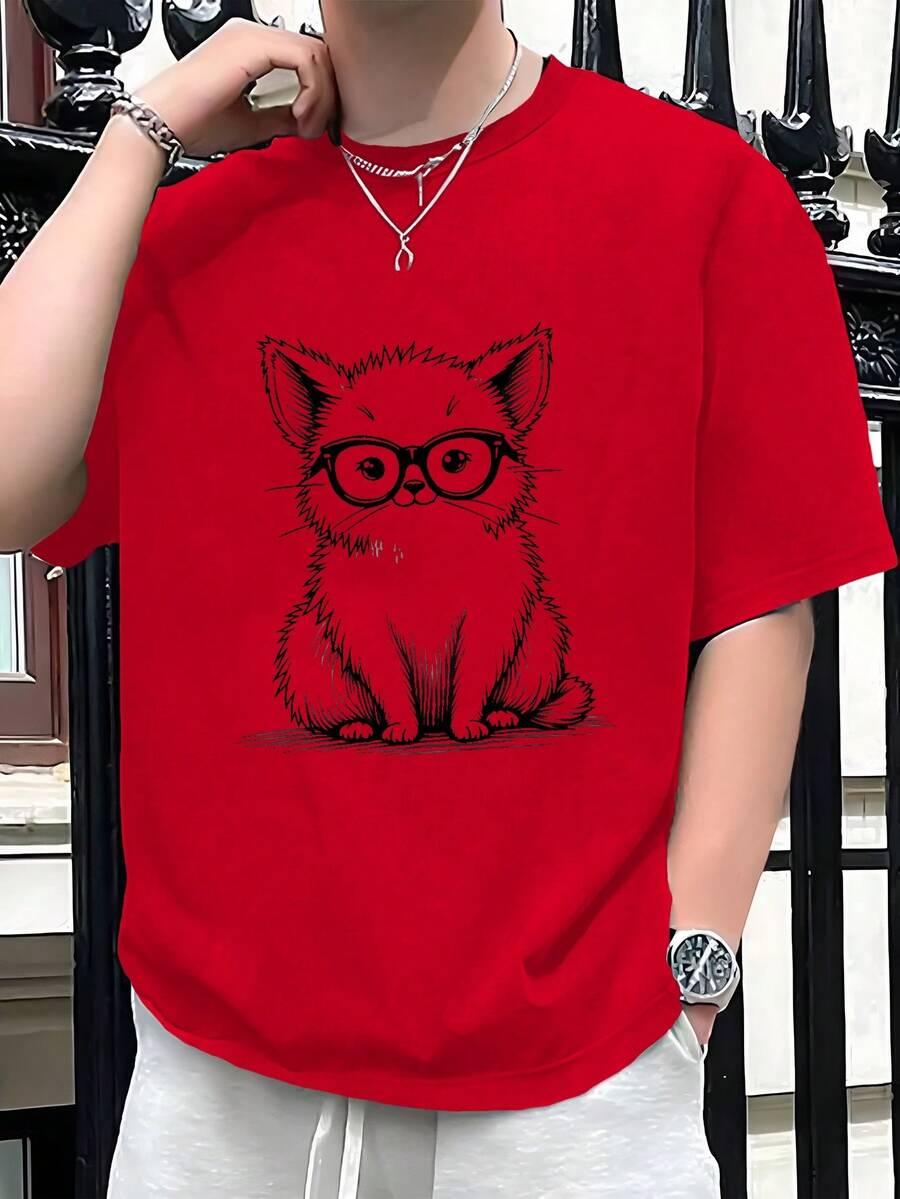 Quirky Cat With Glasses Sketch 180g Pure Cotton Men's T-Shirt,Comfort Fit, Homme Street Life Graphic Tee, Daily Wear,Summer Top,School, Streetwear, Casual, Fashionable - 紅色 - 查看 1